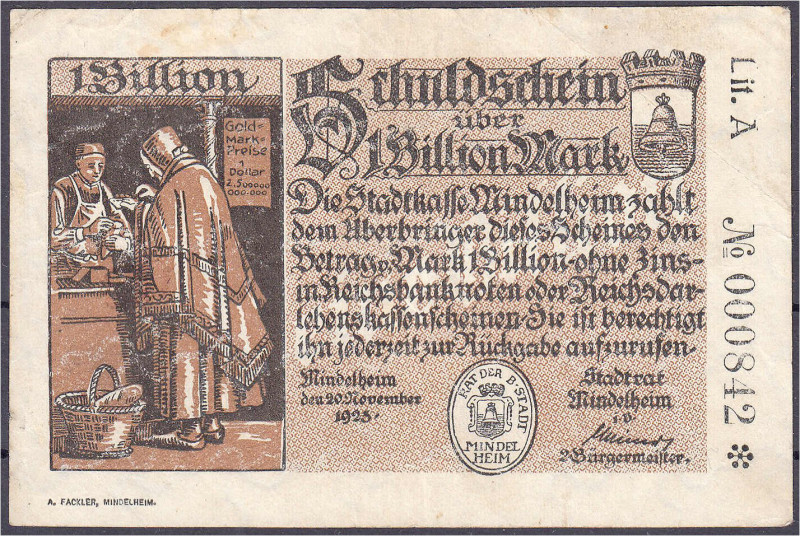 Deutsches Notgeld und KGL
Mindelheim (Bayern)
Stadt, 1 Bio. Mark 20.11.1923. W...