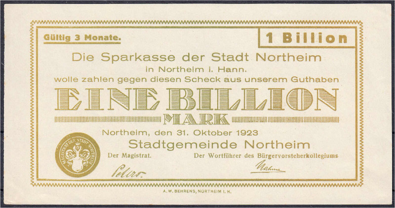 Deutsches Notgeld und KGL
Northeim (Hannover)
Stadtgemeinde, 1 Bio. Mark 31.10...