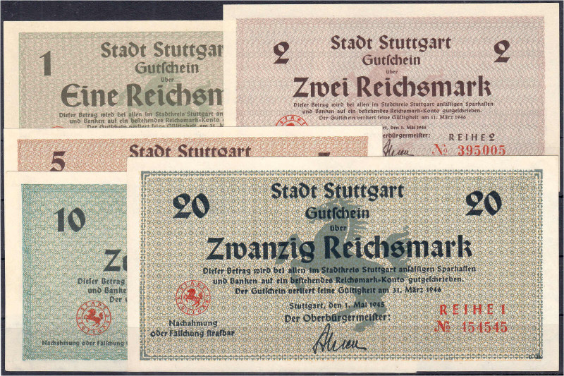 Deutsches Notgeld und KGL
Stuttgart (Württemberg)
Stadt, 5 Scheine zu 1, 2, 5,...