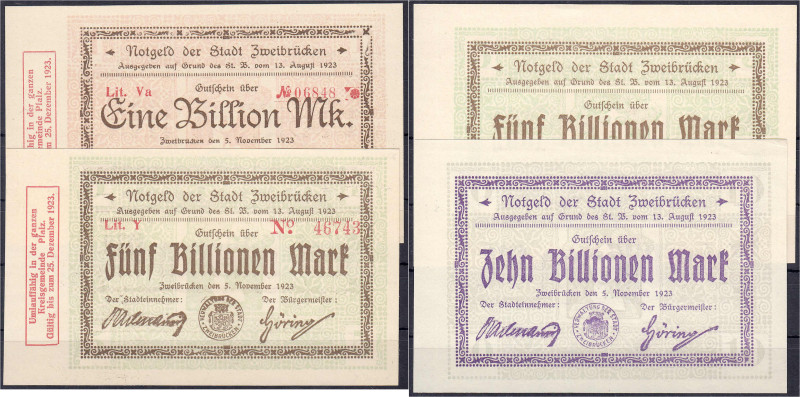 Deutsches Notgeld und KGL
Zweibrücken (Pfalz)
Stadt, 1 u. 2x 5 und 10 Bio. Mar...