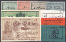 Lots
Deutschland
Notgeldscheine, 9 Scheine, dabei Gardelegen 5, 10, 25 und 50 Pfg., Lauenburg zu 1/2, 1 und 2 Mark 1914 und Lüdenscheid zu 20 Mrd. u...