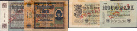 Lots
Deutschland
Reichsbanknoten, 4 Scheine mit Rotaufdruck „Muster“ zu 2x 5, 100 Tsd. und 20 Mio. Mark 1922 - 1923. meist III und fleckig