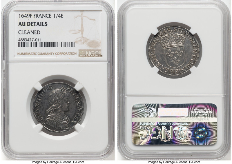 Louis XIV 1/4 Ecu 1649-F AU Details (Cleaned) NGC, Angers mint, KM162.7.A very e...