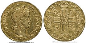 Louis XIV gold 1/2 Louis d'Or 1648-A AU Details (Removed From Jewelry) NGC, Paris mint, KM156.1, Dup-1420, Gad-235. Centrally struck upon a symmetrica...