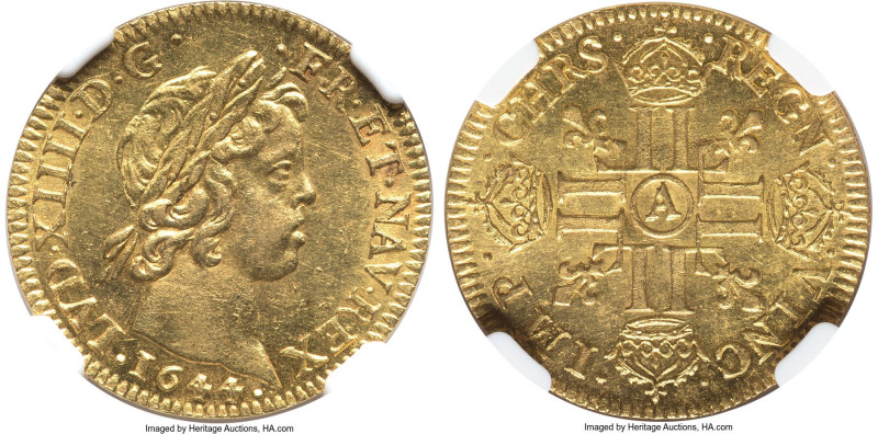 Louis XIV gold Louis d'Or 1644-A MS63 NGC, Paris mint, KM149.1. A beautiful gold...