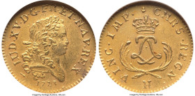 Louis XV gold Louis d'Or Mirliton 1723-H MS61 NGC, La Rochelle mint, KM468.7, Fr-459, Gad-338 (R2), Dup-1638A. Short palms/branches variety. Mintage: ...