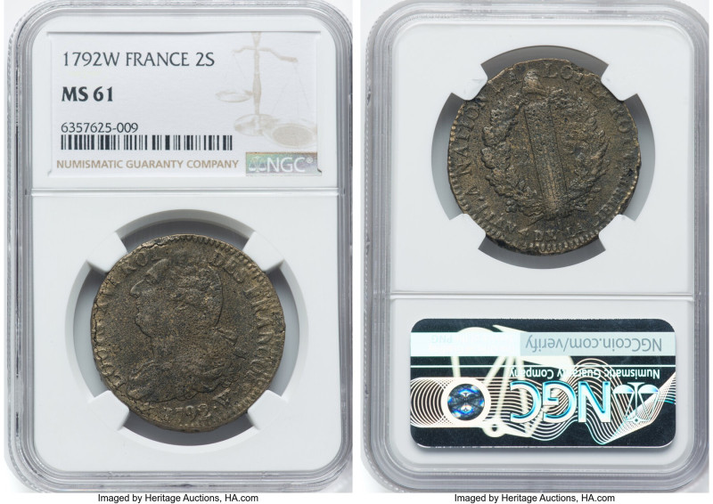 Louis XVI 2 Sols 1792-W MS61 NGC, Lille mint, KM603.16. Only 13 examples of the ...