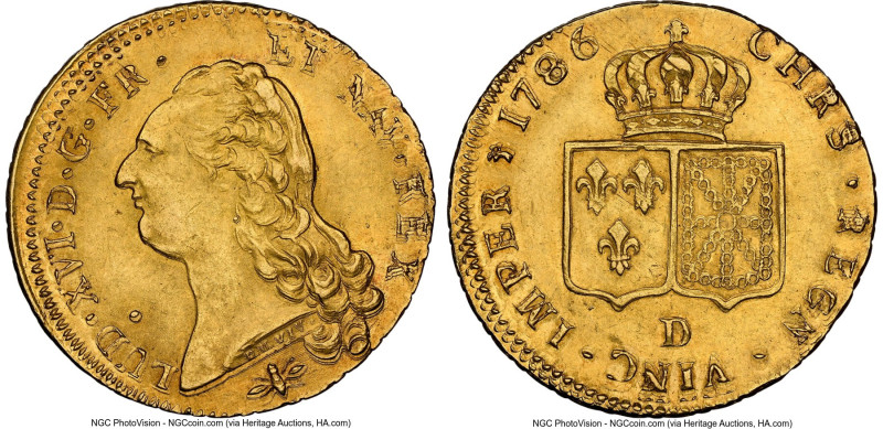 Louis XVI gold 2 Louis d'Or 1786-D MS62 NGC, Lyon mint, KM592.5. A handsome plan...