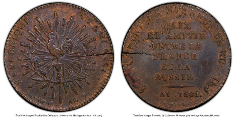 Napoleon copper Specimen "Peace Between France & Russia" 2 Francs Token 1801 AU ...