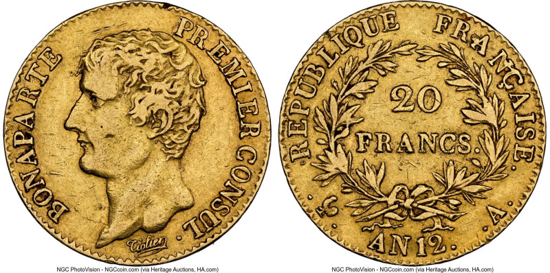 Napoleon gold 20 Francs L'An 12 (1803/4)-A XF40 NGC, Paris mint, KM651. Premier ...