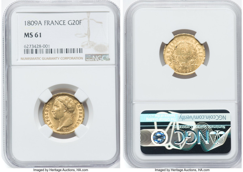 Napoleon gold 20 Francs 1809-A MS61 NGC, Paris mint, KM695.1. A luminous champag...