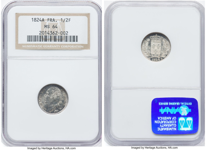 Louis XVIII 1/2 Franc 1824-A MS64 NGC, Paris mint, KM708, Fr-179. Mint Masters N...