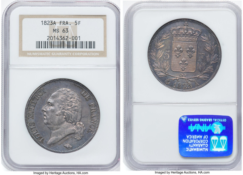 Louis XVIII 5 Francs 1823-A MS63 NGC, Paris mint, KM711.1, Gad-614. Mint Masters...