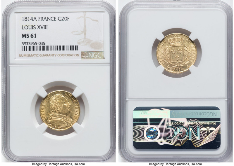 Louis XVIII gold 20 Francs 1814-A MS61 NGC, Paris mint, KM706.1. A handsome offe...