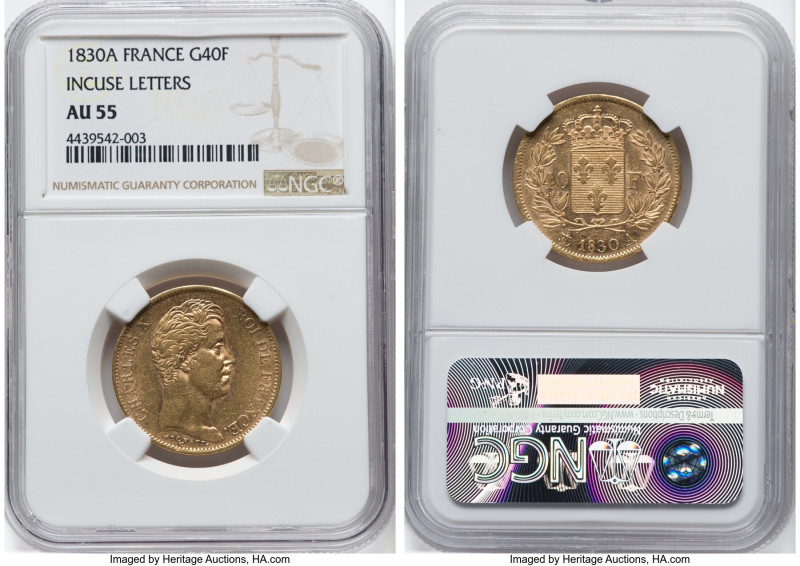 Charles X gold 40 Francs 1830-A AU55 NGC, Paris mint, KM721.1, Gad-1105. Incuse ...