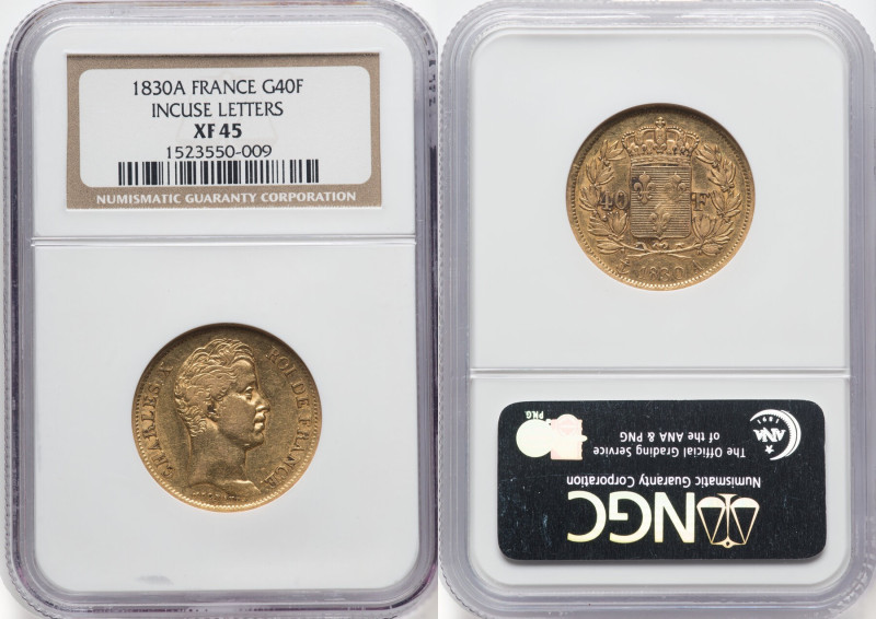Charles X gold 40 Francs 1830-A XF45 NGC, Paris mint, KM721.1. Incuse letters va...