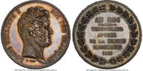 Louis Philippe silver Essai 5 Francs 1833-I MS65 NGC, Maz-1152a. Medal Alignment. Slight movement reveals a burst of neon tangerine and violet toning ...