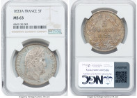 Louis Philippe 5 Francs 1833-A MS63 NGC, Paris mint, KM749.1. A flashy Choice example of an elusive type with only 12 examples on the NGC Census. When...