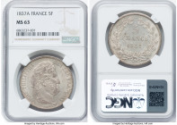 Louis Philippe 5 Francs 1837-A MS63 NGC, Paris mint, KM749.1, Gad-678. With only 18 examples of the type found on the NGC Census, this offering is tie...
