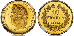 Louis Philippe gold Proof Essai 10 Francs 1831 PR64 Cameo NGC, Paris mint, KM-Unl, Maz-1083A. An incredibly handsome example of the elusive type, righ...