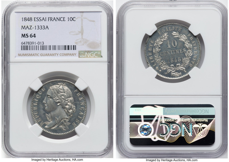 Republic Essai 10 Centimes 1848 MS64 NGC, Paris mint, Maz-1333A. Beautifully pre...