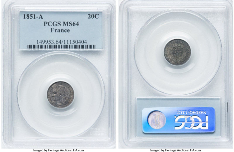 Republic 20 Centimes 1851-A MS64 PCGS, Paris mint, KM758.1. HID09801242017 © 202...