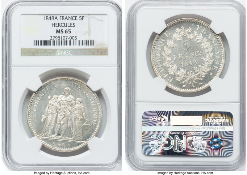 Republic 5 Francs 1848-A MS65 NGC, Paris mint, KM756.1, Gad-683, F-326. Hercules...