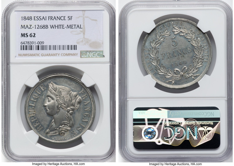 Republic white-metal Essai 5 Francs 1848 MS62 NGC, KM-Pn71, Maz-1268B. An instan...