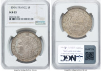 Republic 5 Francs 1850-A MS63 NGC, Paris mint, KM761.1, Gad-719. HID09801242017 © 2024 Heritage Auctions | All Rights Reserved