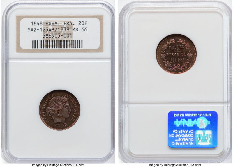 Republic Essai 20 Francs 1848 MS66 NGC, Maz-1254B. This impeccable example exhib...