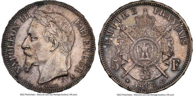 Napoleon III silver 5 Francs 1868-A MS62 NGC, Paris mint, KM799.1. A near-Choice...