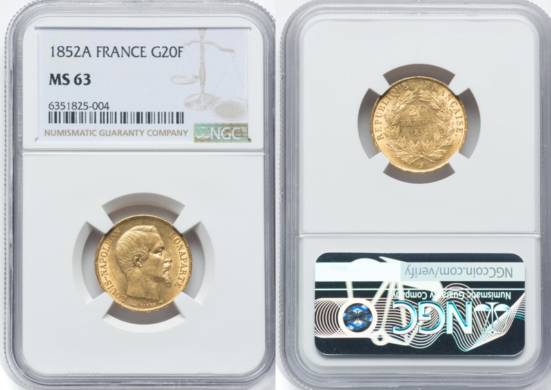 Napoleon III gold 20 Francs 1852-A MS63 NGC, Paris mint, KM774, Gad-1060. A Choi...