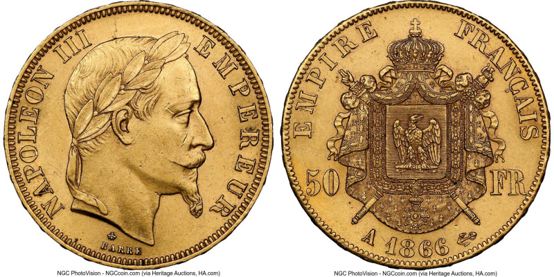 Napoleon III gold 50 Francs 1866-A MS62 NGC, Paris mint, KM804.1, Fr-584. A cart...