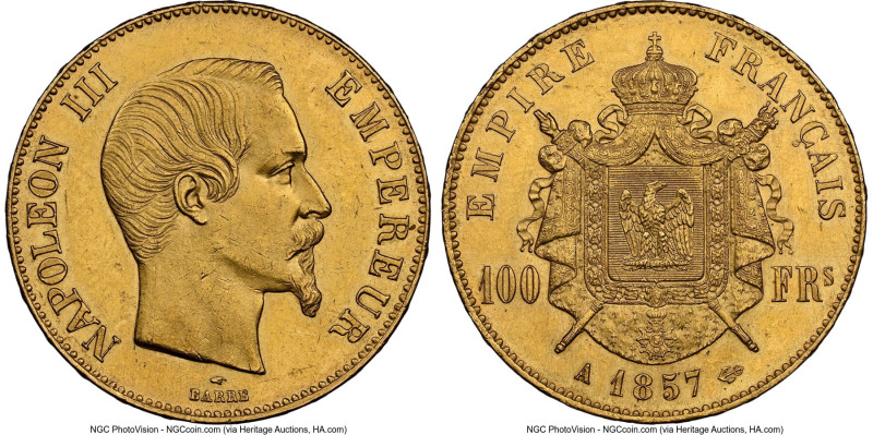 Napoleon III gold 100 Francs 1857-A MS62 NGC, Paris mint, KM786.1. This charming...