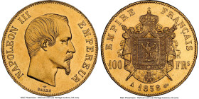 Napoleon III gold 100 Francs 1858-A MS62 NGC, Paris mint, KM786.1, Gad-1135, Fr-550. Highly flashy in the lower fields, allowing the champagne-lemon g...