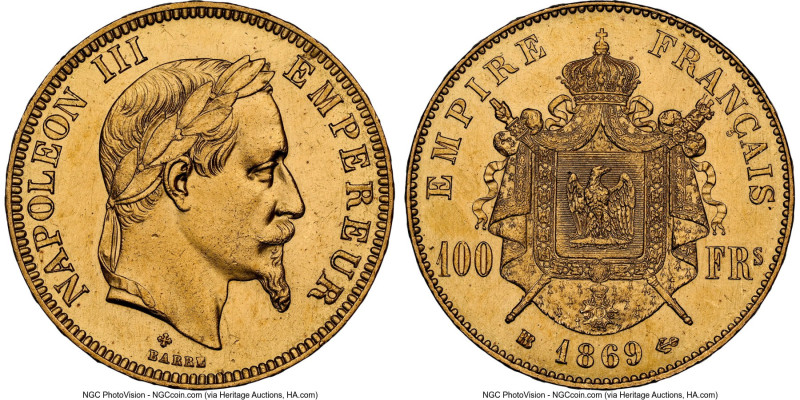 Napoleon III gold 100 Francs 1869-BB UNC Details (Harshly Cleaned) NGC, Strasbou...
