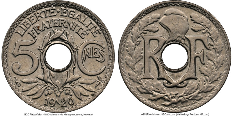 Republic 5 Centimes 1920 MS66 NGC, KM875. Small variety. A top-tier specimen bes...