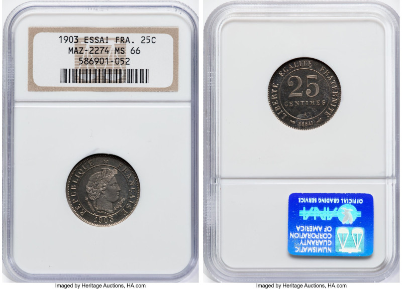 Republic Essai 25 Centimes 1903-A MS66 NGC, Paris mint, Maz-2274. Virtually pris...