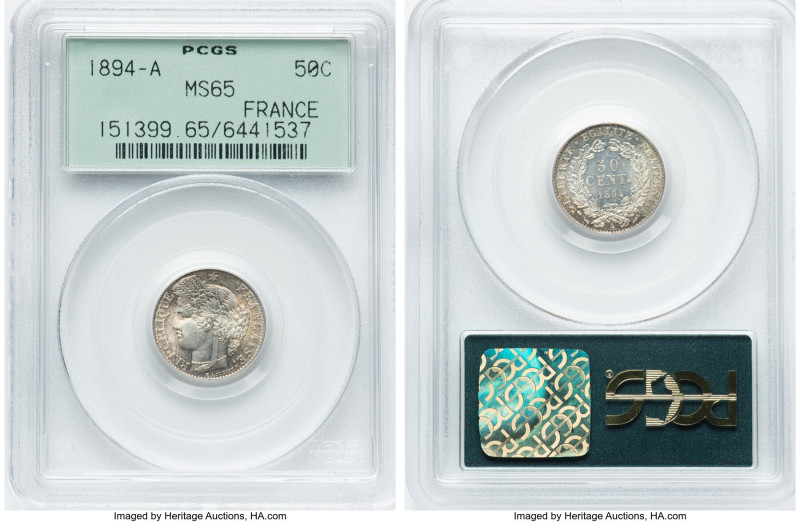 Republic 50 Centimes 1894-A MS65 PCGS, Paris mint, KM834.1. A subtle cartwheel l...