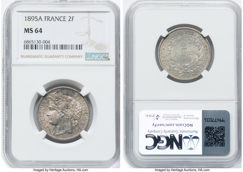 Republic 2 Francs 1895-A MS64 NGC, Paris mint, KM817.1. A subtle cartwheel luste...