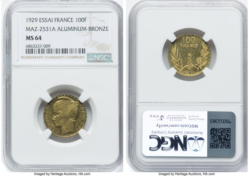 Republic aluminum-bronze Essai 100 Francs 1929 MS64 NGC, Paris mint, Maz-2531a. ...