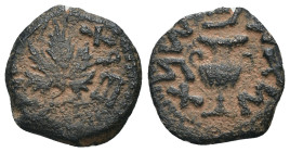 Judea. 1. revolt. (67-68 AD). Æ Prutah. Obv: amphora. Rev: vine leaf. artificial sandpatina. Weight 2,09 gr - Diameter 13 mm