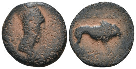 Kings of Commagene. Samosata. Antiochos I. Theos. (69-34 BC). Æ Tetrachalkon. Obv: bust of Antiochos I. wearing tiara right. Rev: lion standing right....