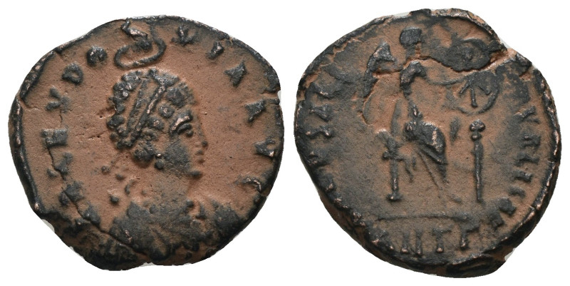 Aelia Eudoxia. (401-403 AD). Follis. Antioch. Obv: AEL EVDOXIA AVG. Pearl-diadem...