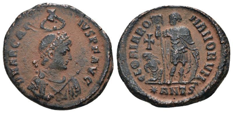 Arcadius. (383-388 AD). Follis. Antioch. Obv: D N ARCADIVS P F AVG. diademed and...