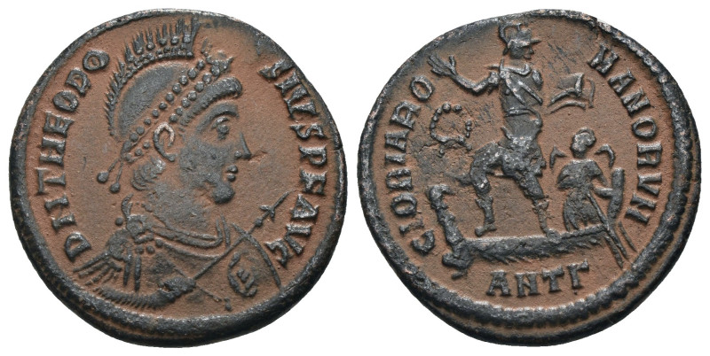 Theodosius I. (392-395 AD). Follis. Antioch. Obv: D N THEODOSIVS P F AVG. pearl-...