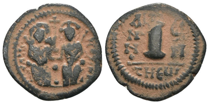 Justin II. and Sophia. (565-578 AD). 10 nummi. Theoupolis. Obv: Justin II. and S...