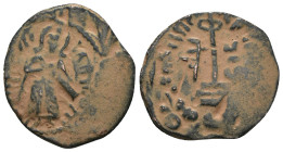 Byzantine-Islamic. Umayyad Fals `Abd al-Malik ibn Marwan. (685-705 AD) CU. artificial sandpatina.

Weight 2,84 gr - Diameter 19 mm