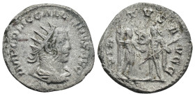 Gallienus. (260 AD) AR Antoninianus. Antioch. Obv: IMP C P LIC GALLIENVS P F AVG. cuirassed bust of Gallienus right. Rev: VIRTVS AVGG. Gallienus stand...