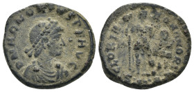 Honorius. (393-395 AD). Follis Antioch. Obv: DN HONORIVS PF AVG. pearl-diademed bust of Honorius right. Rev: GLORIA ROMANORVM. Honorius standing right...